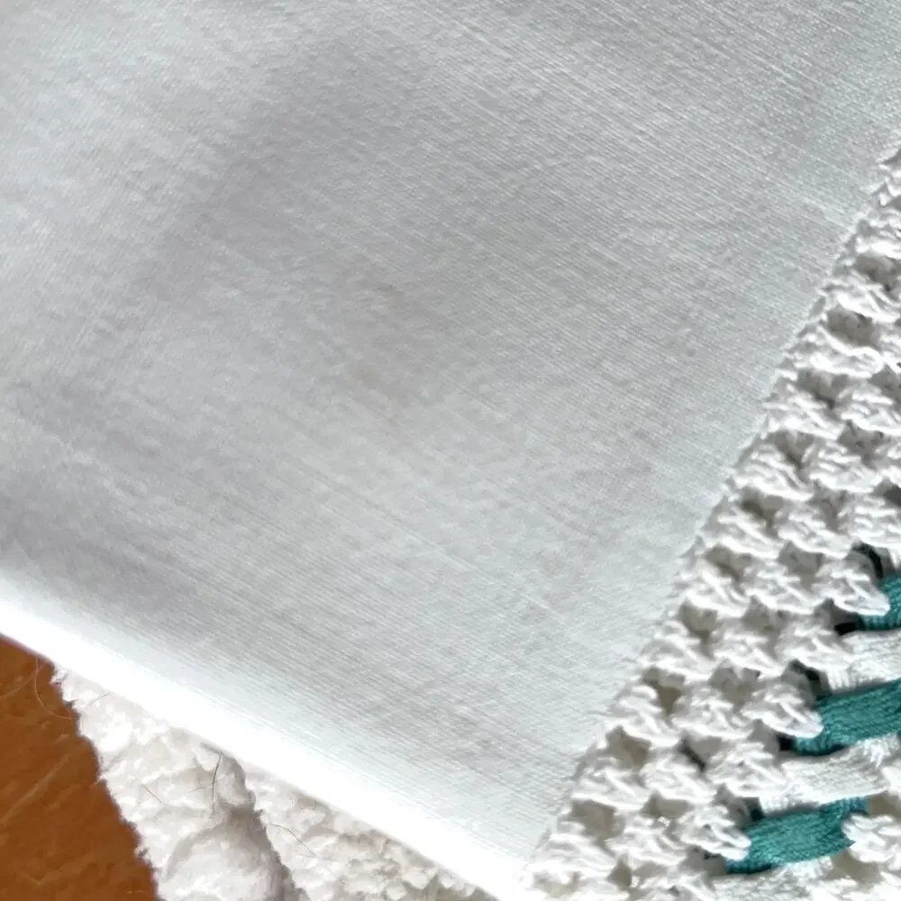 Set of 2 Vintage White Pillowcases Crocheted Lace Inset with Woven Green Ribbon